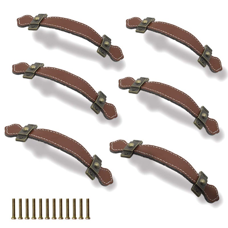 Seimneire 6pcs Surface Leather Furniture Handle, 6.3" Retro Style Leather Pull Handle for Drawer/Cabinet/PU Suitcase - Brown - Image 1